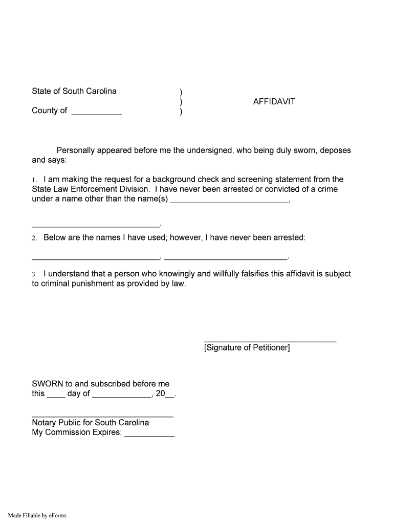 STATE of SOUTH CAROLINA AFFIDAVIT Horry County  Form