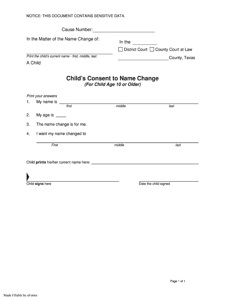 Fillable Online Child's Consent to Name Change Filed by  Form