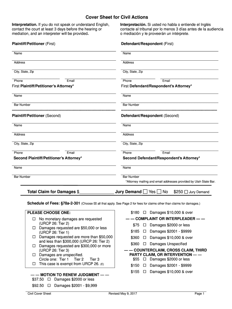  Cover Sheet for Civil Filing Actions 59 2017-2024