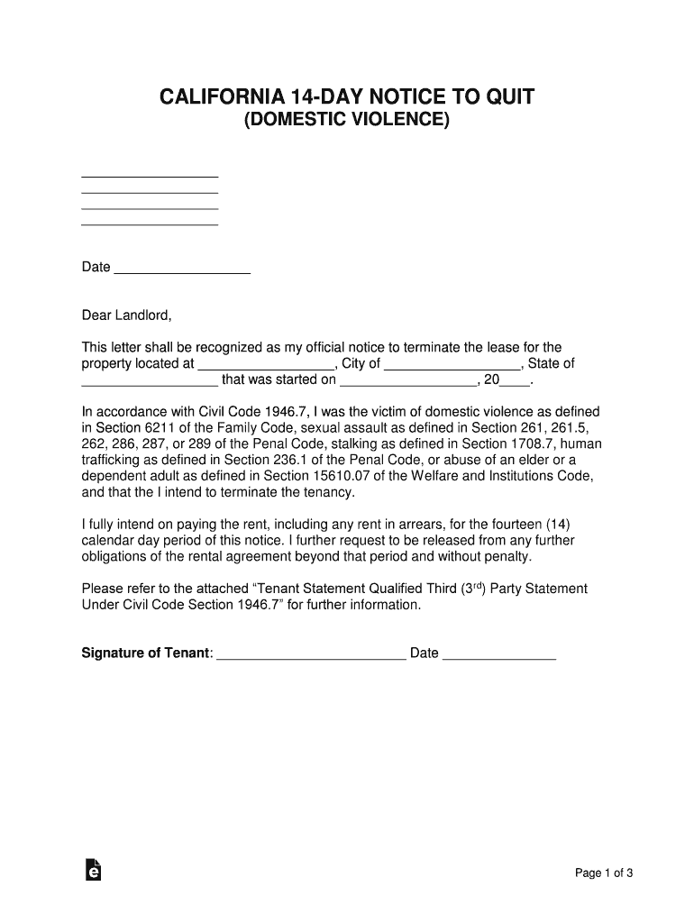 California 14 Day Notice to Quit Domestic Violence  Form
