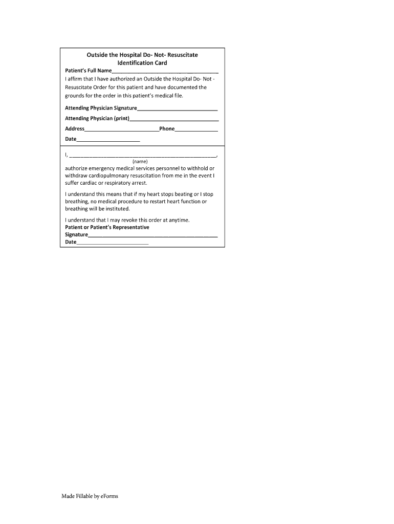 Outside the Hospital Do Not Resuscitate Identification Card  Form