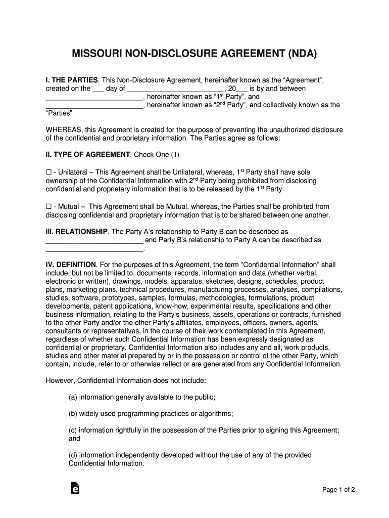 Missouri Non Disclosure Agreement NDA Template  Form