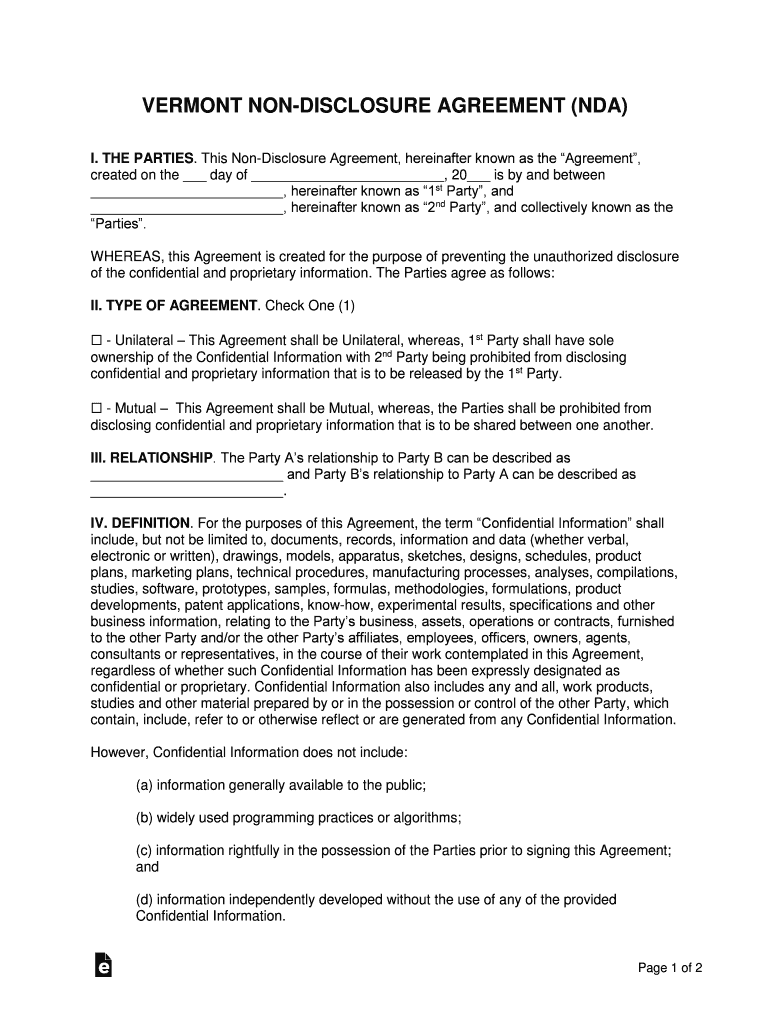 Vermont Non Disclosure Agreement NDA Template  Form