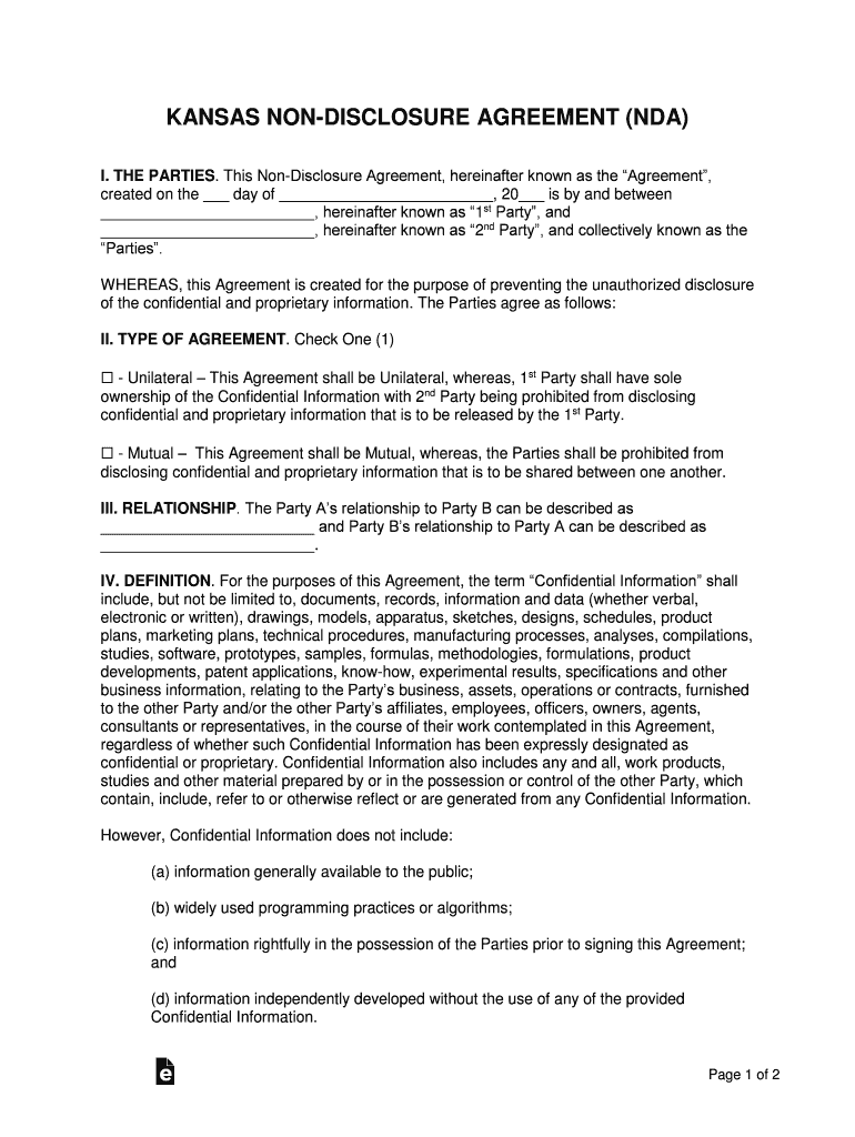 Kansas Non Disclosure Agreement NDA Template  Form