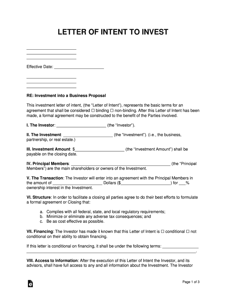 Business Proposal Investment Letter of Intent Template  Form