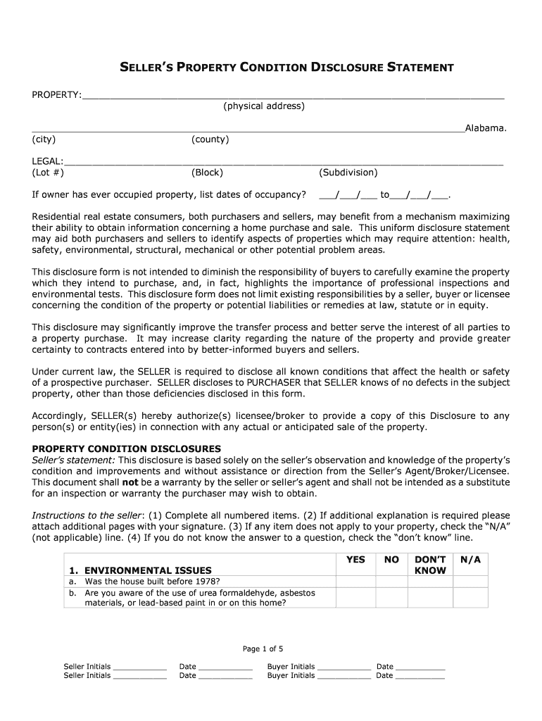 Alabama Seller's Property Disclosure Statement  Form