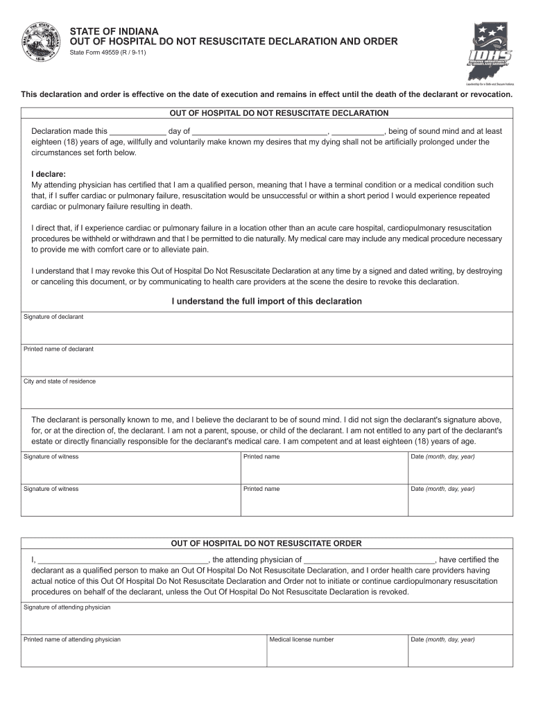 Indiana Do Not Resuscitate DNR Order Form Indiana