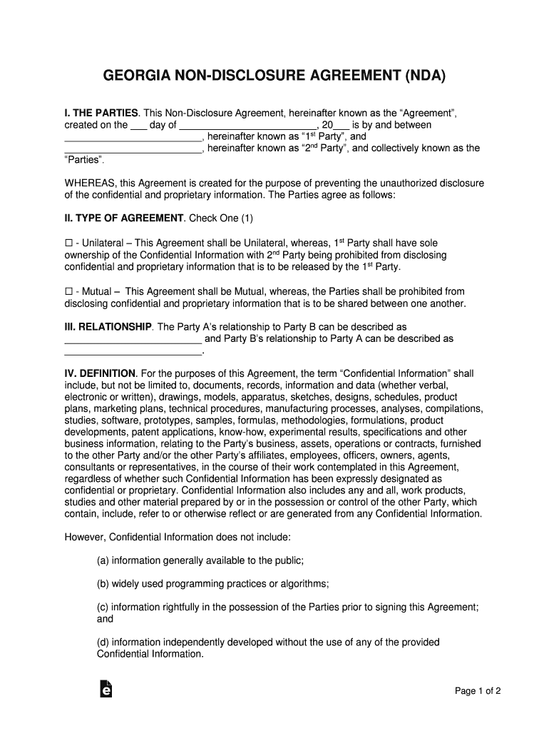 Georgia Non Disclosure Agreement NDA Template  Form