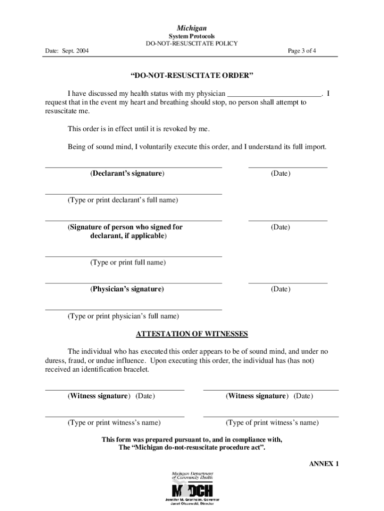 Do Not Resuscitate Form for Michigan