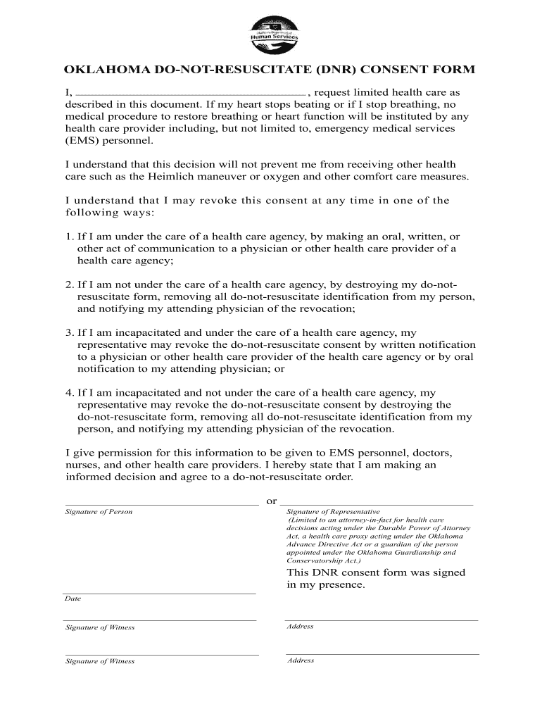  Oklahoma Do Not Resusucitate DNR Consent Form Oklahoma Publication Providing Information Oklahomas Do Not Resuscitate DNR Consen 2010-2024