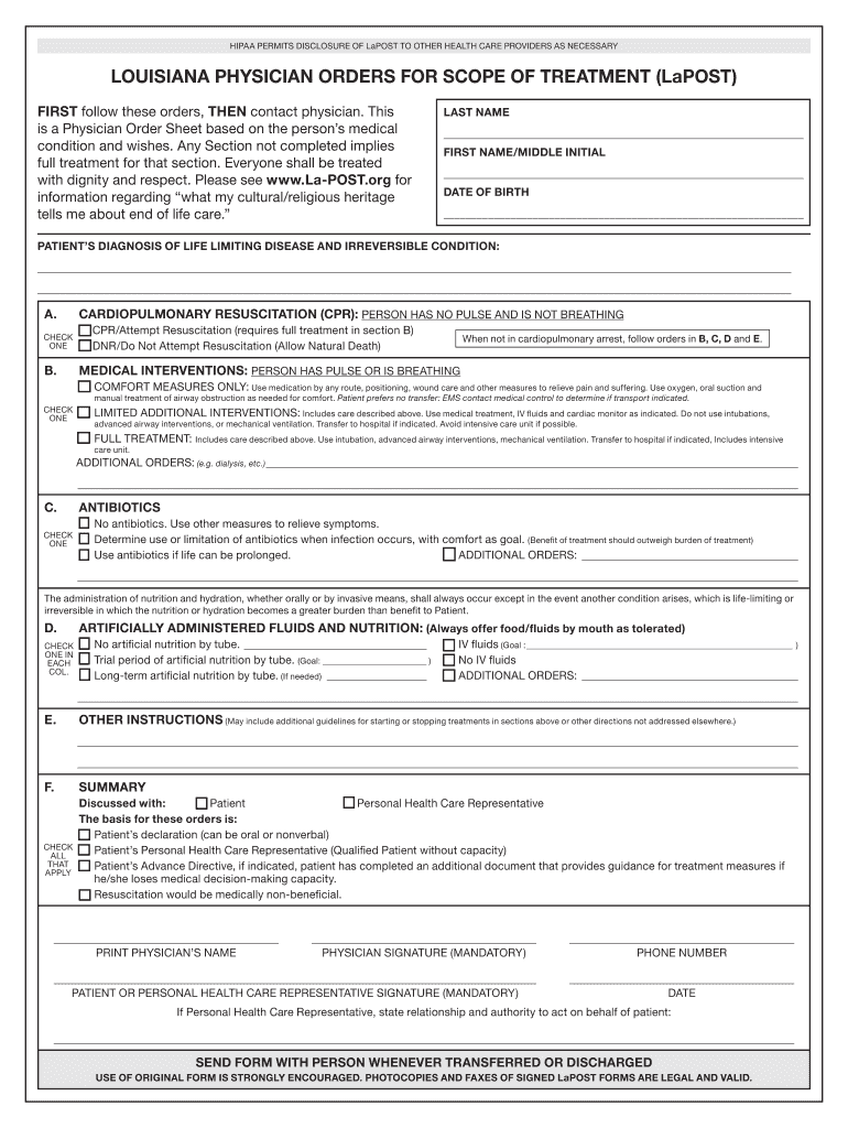 HIPAA PERMITS DISCLOSURE of LaPOST to OTHER HEALTH CARE  Form