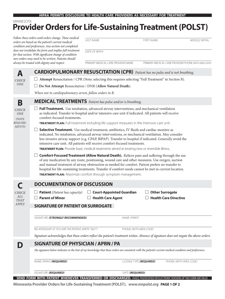 HIPAA PERMITS DISCLOSURE of SOUTH DAKOTA MOST to OTHER  Form