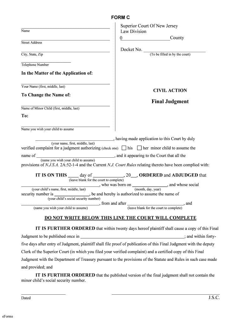 SUPERIOR COURT Of NEW JERSEY LAW DIVISION DOCKET NO ATL Form Fill Out 