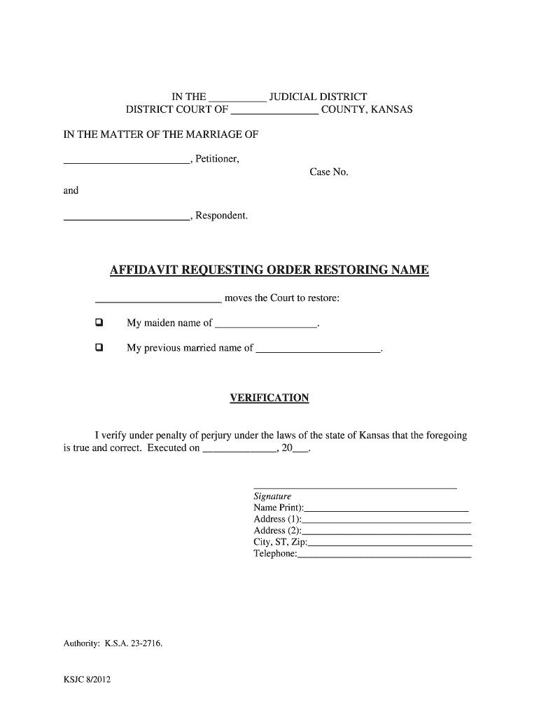 Kansas Affidavit Requesting Order Restoring Name  Form