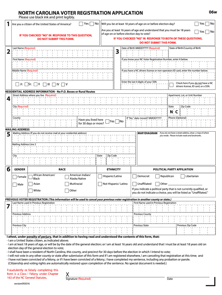  Voter Registration Application North Carolina State Board of 2016