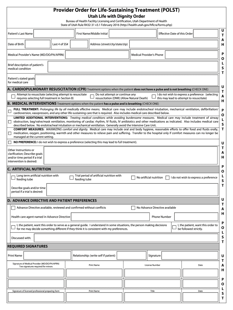 Fillable Online Health Utah Provider Order for Life Sustaining  Form