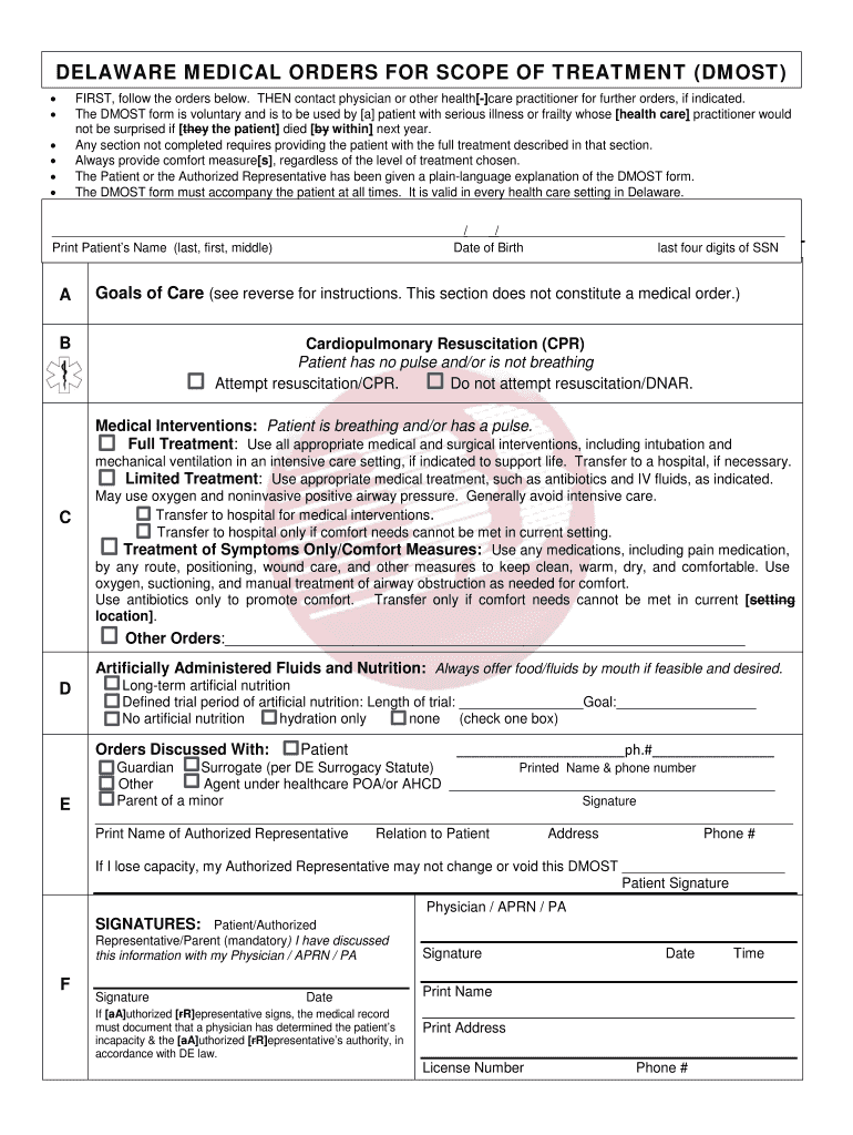 Delaware Medical Orders for Scope of TreatmentDelaware  Form