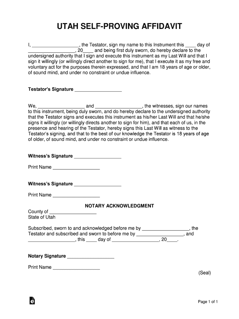 Utah Self Proving Affidavit Form Eforms Com