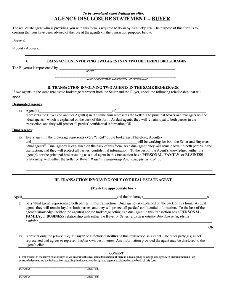 Kentucky Agency Disclosure Statement for Buyer  Form