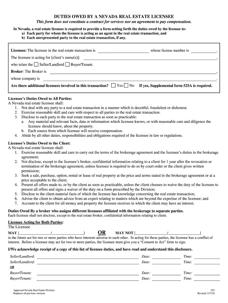 DUTIES OWED by a NEVADA REAL ESTATE LICENSEE This Form