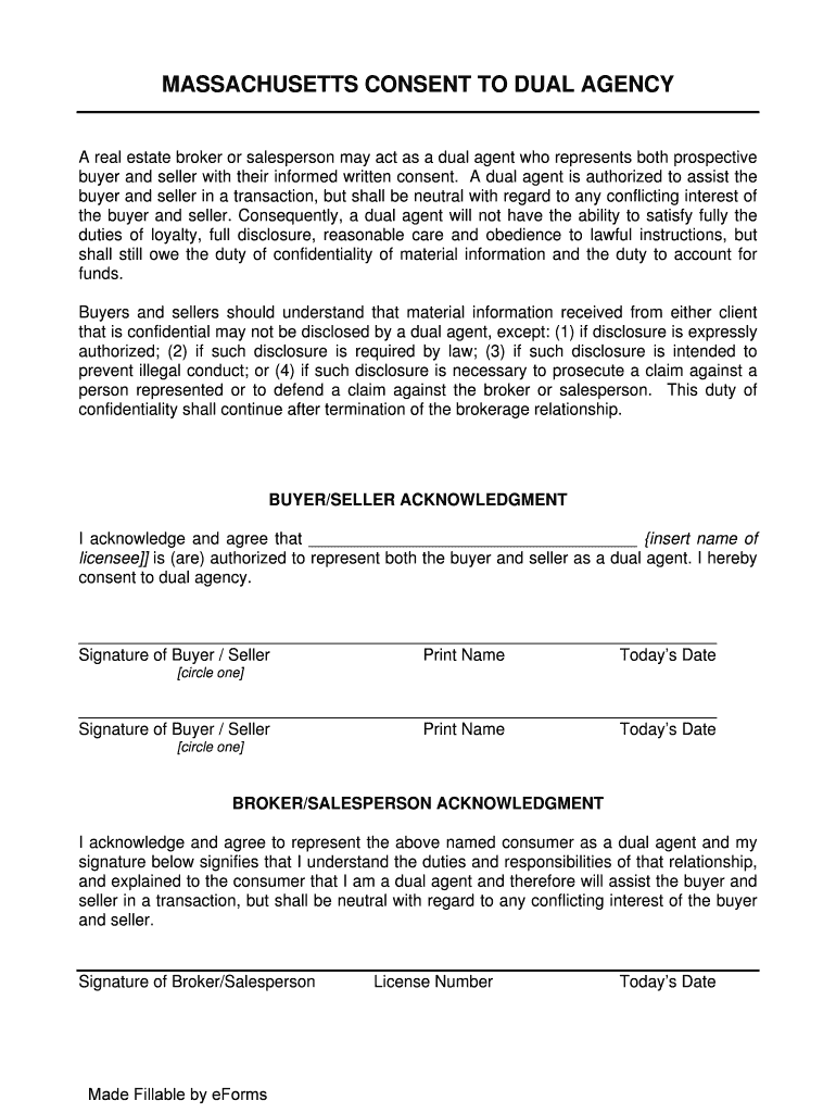 Massachusetts Consent to Dual Agency Tesla Realty Group  Form