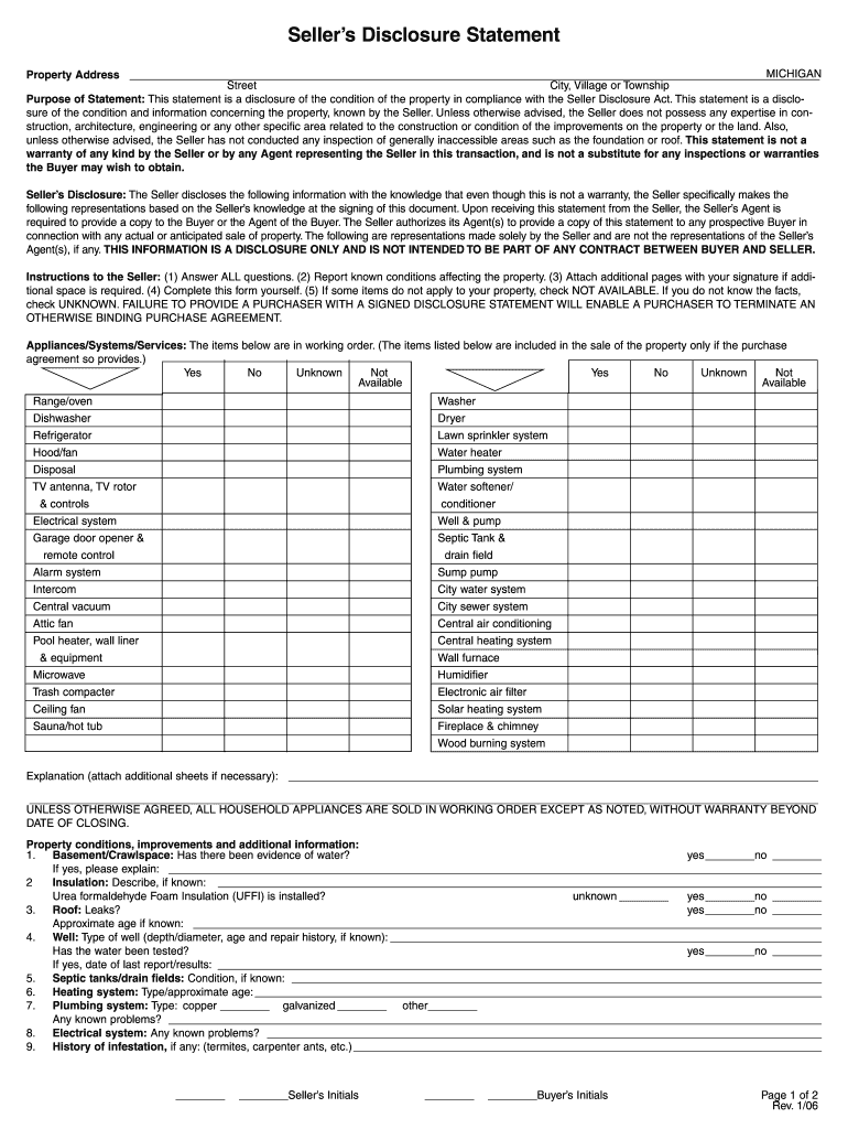  SELLER'S DISCLOSURE STATEMENT Page 1 of 2 Lansing 2006