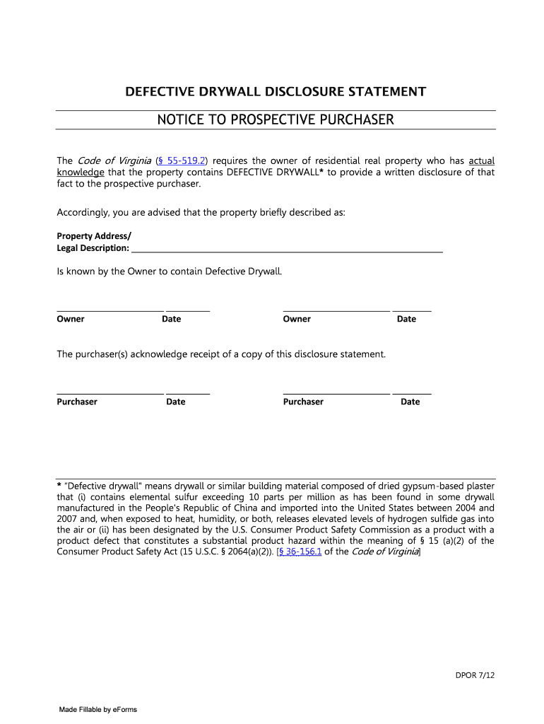  Defective Drywall Disclosure Statement DPOR 2012