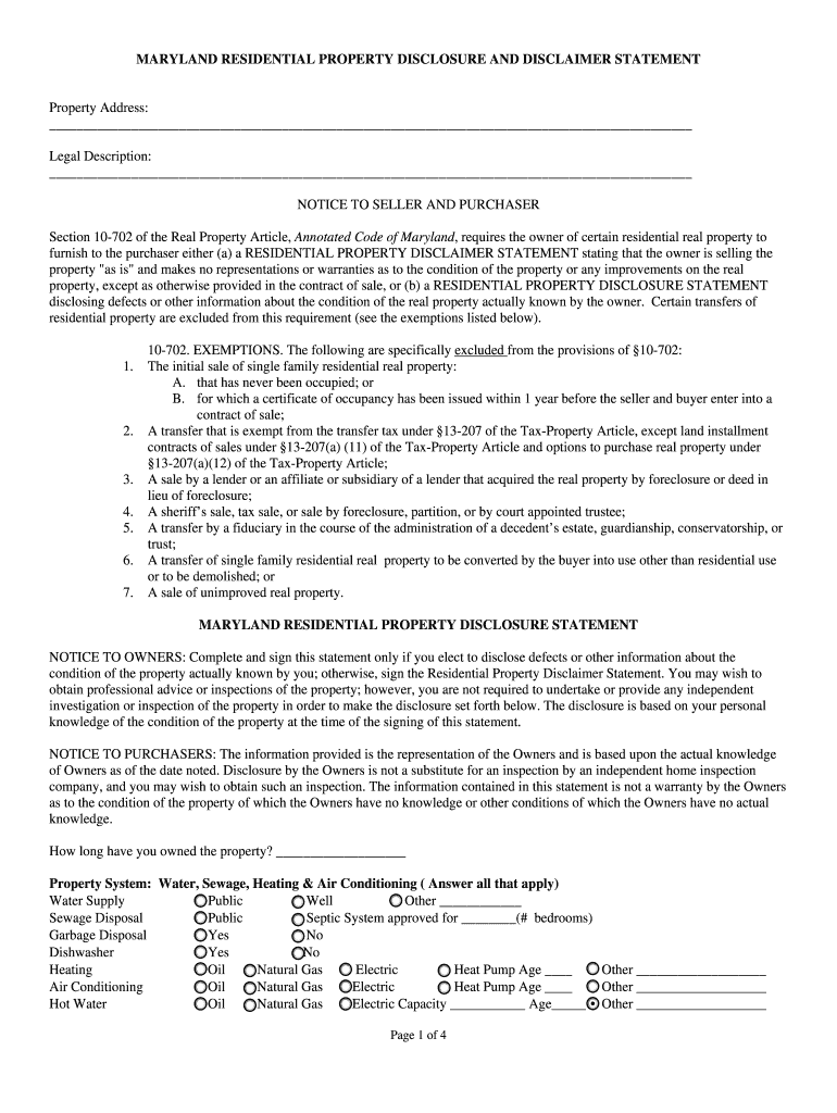  Maryland Residential Property Disclosure and Disclaimer Form 2005