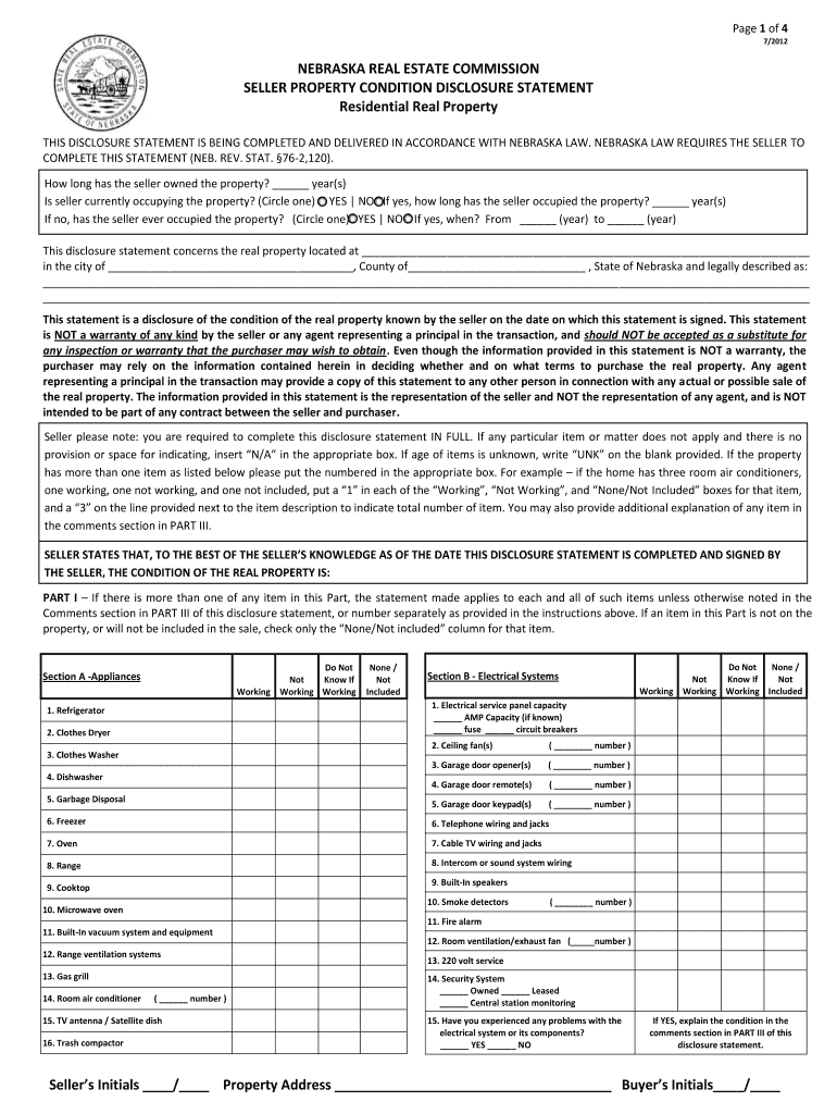  Nebraska Seller Property Condition Disclosure Statement 2012-2024