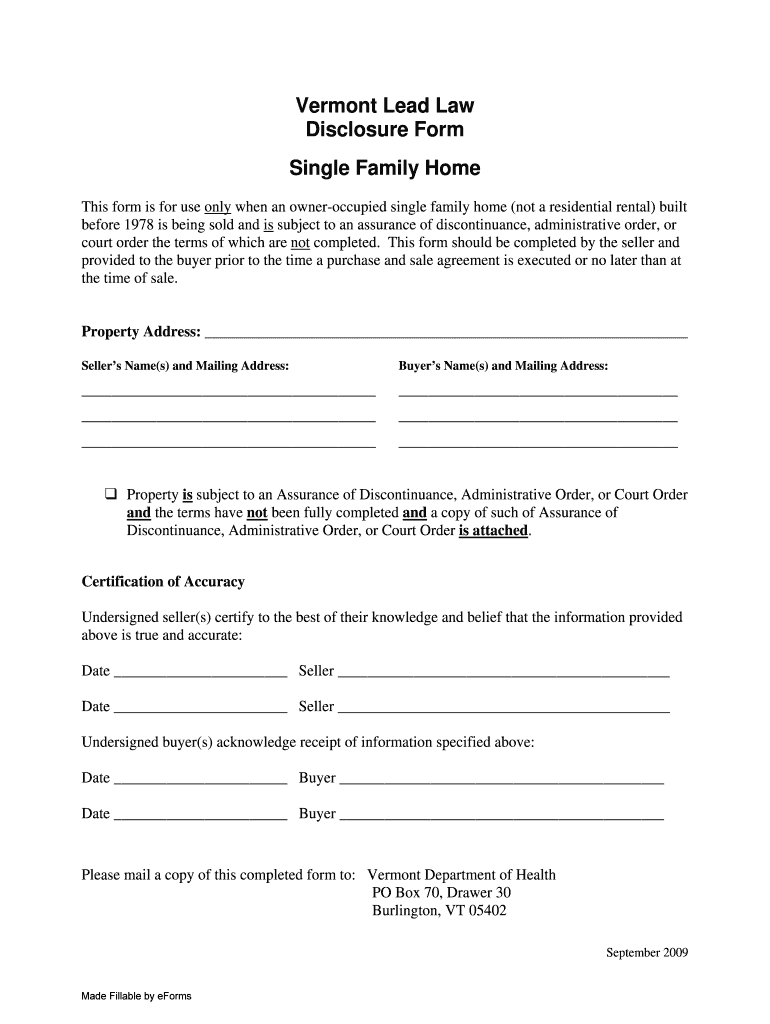 Vermont Lead Law Disclosure Form Single Family Home