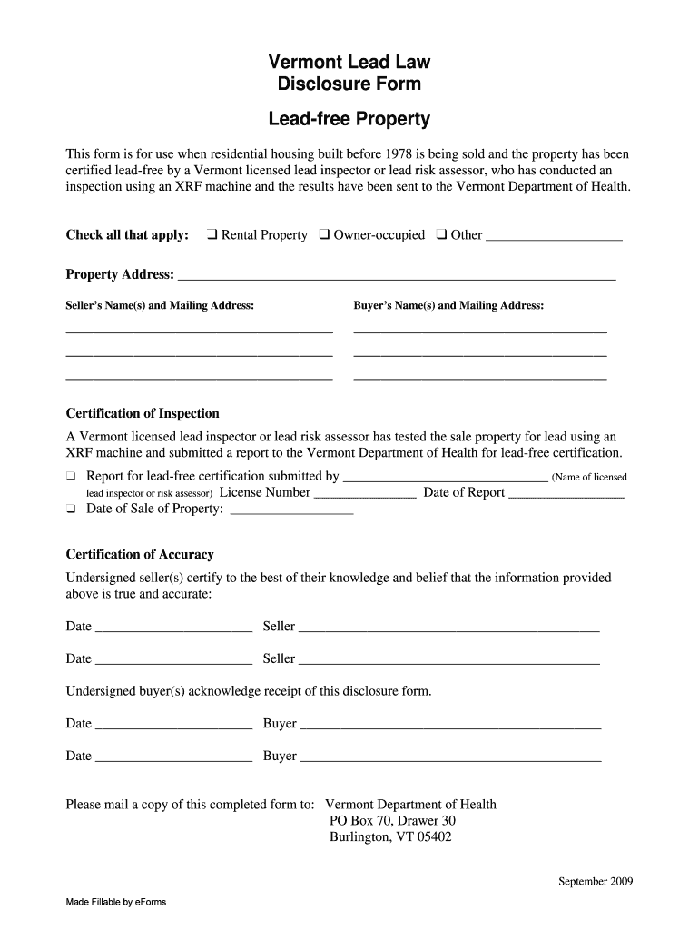 Vermont Lead Law Disclosure Form Lead Property