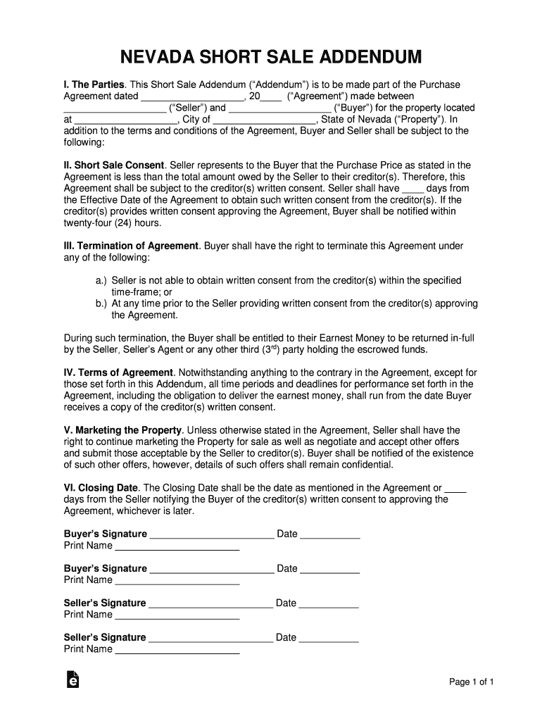 Nevada Short Sale Addendum to Purchase Agreement  Form