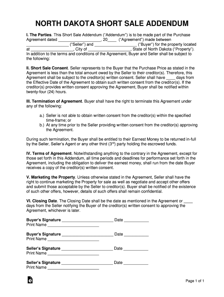 New Dakota Short Sale Addendum to Purchase Agreement  Form