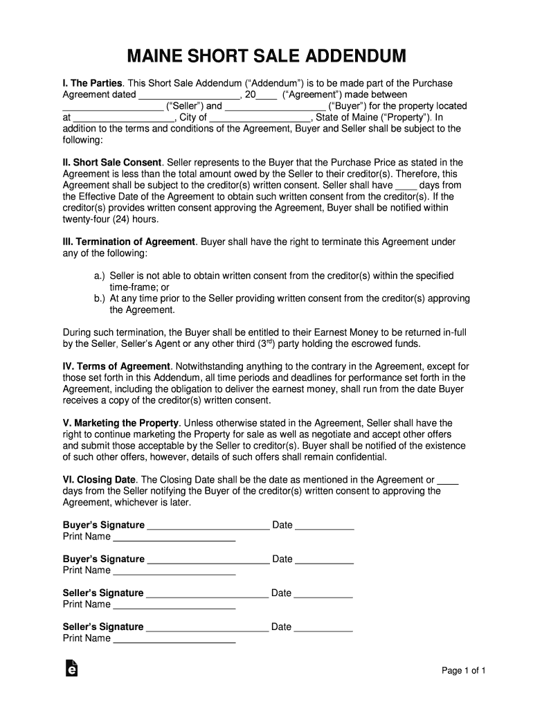 Get and Sign Maine Short Sale Addendum to Purchase Agreement  Form
