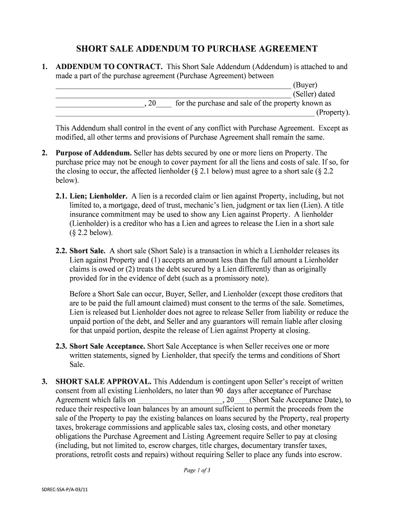 Short Sale Addendum to Purchase Agreement Nuco Title  Form