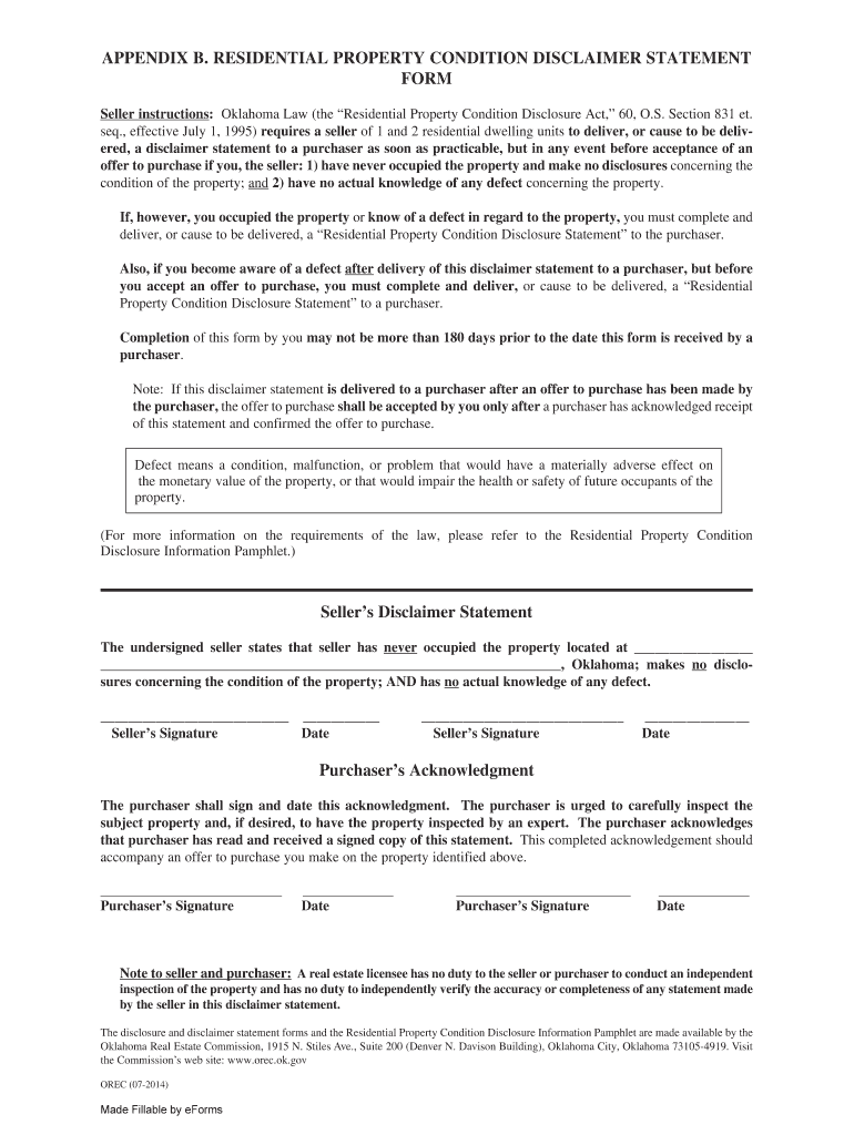Oklahoma Property Condition Disclaimer Statement  Form