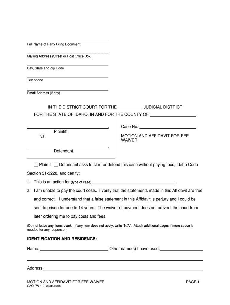 Idaho Motion and Affidavit for Fee Waiver  Form