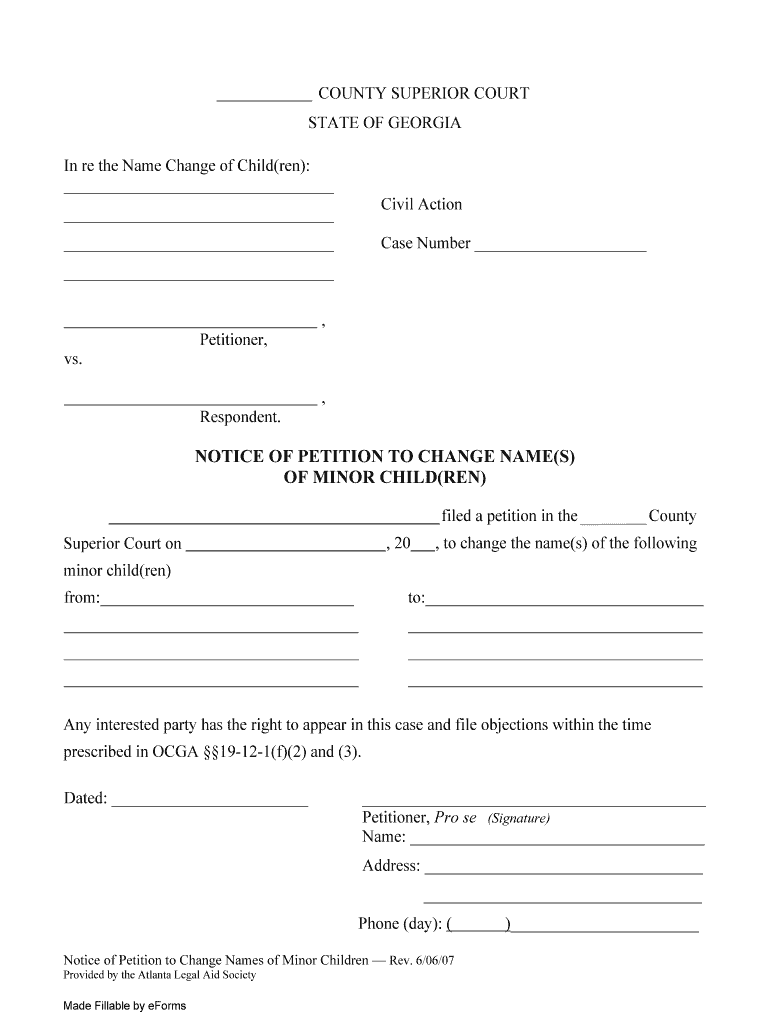 Georgia Notice of Petition to Change Names of Minor Children  Form