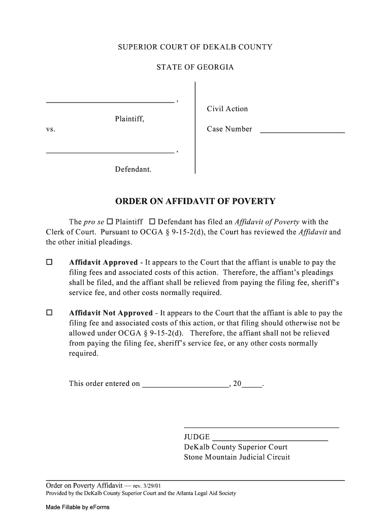 Georgia Dekalb County Order on Affidavit of Poverty  Form