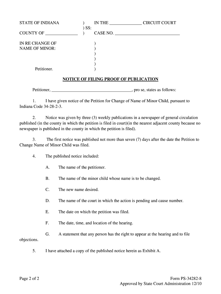 Indiana Notice of Filing Proof of Publication Minor  Form