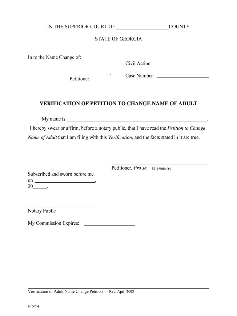 Georgia Verification of Petition to Change Name of Adult  Form