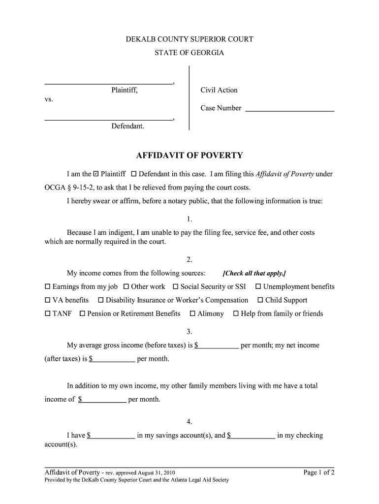 Affidavit of Poverty Georgia Legal Aid  Form