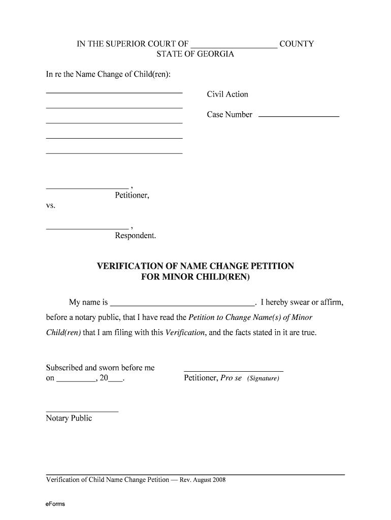 Georgia Verification of Name Change Petition for Minor Children  Form