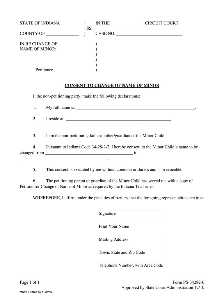 STATE of INDIANA in the CIRCUIT COURT SS NAME of MINOR  Form