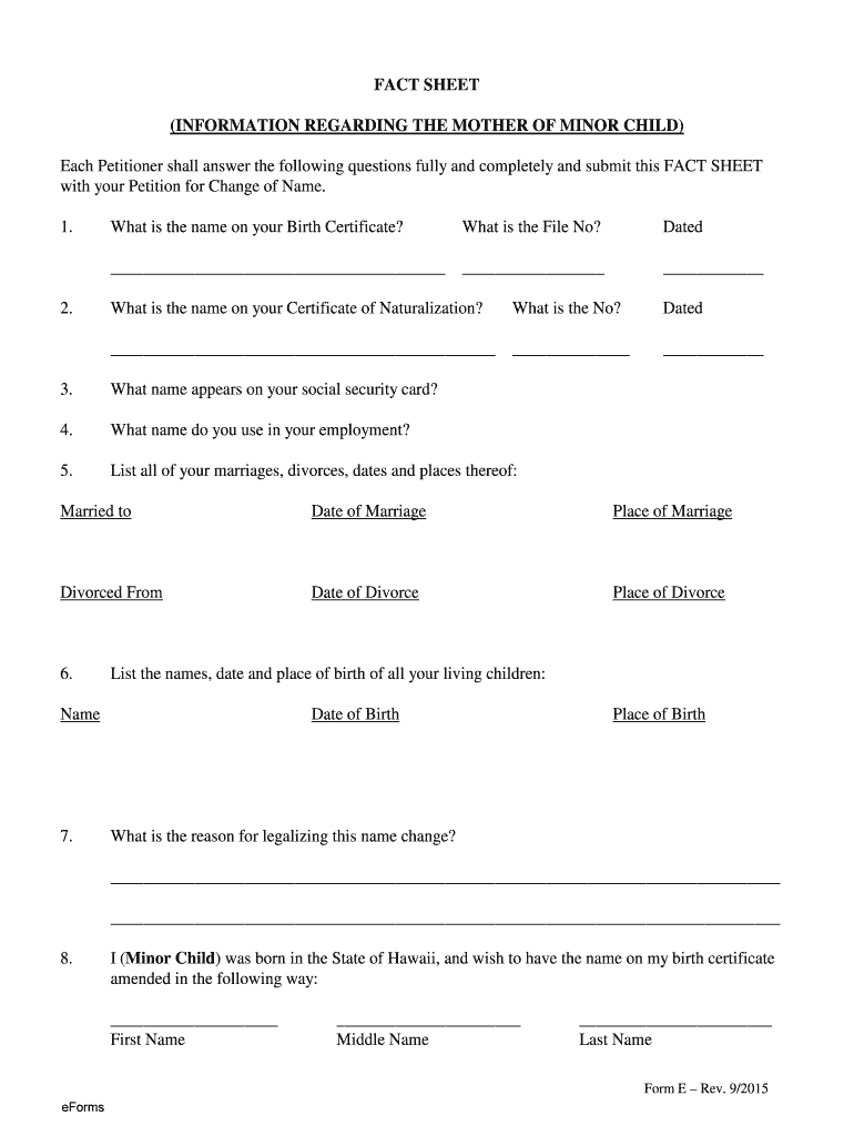 Hawaii Fact Sheet for Father Minor by Parent  Form