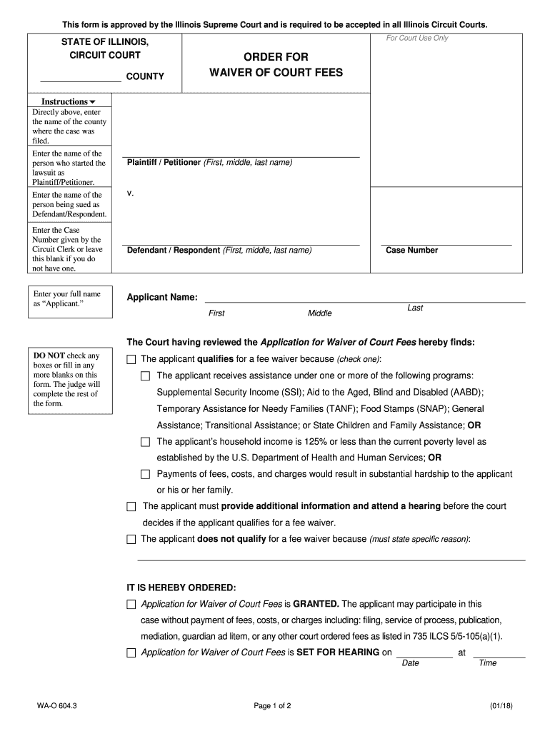 Illinois Order for Waiver of Court Fees  Form