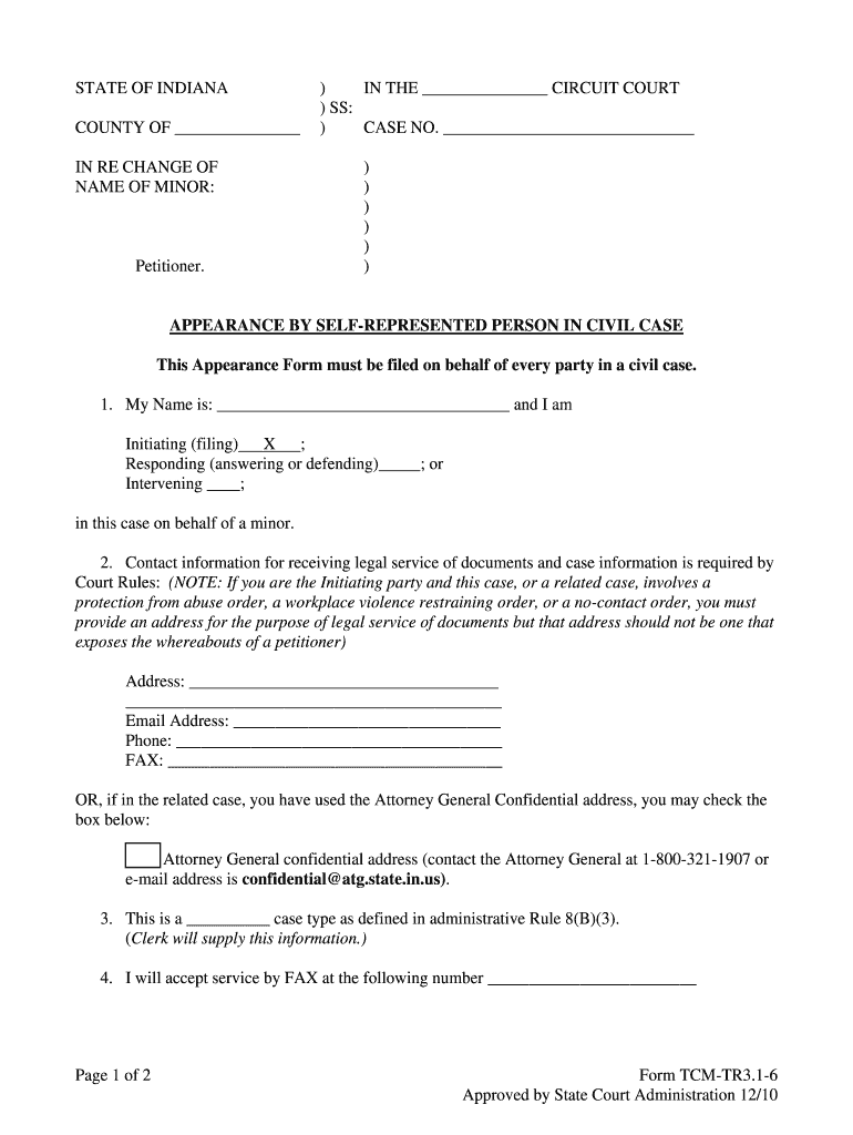  Indiana Appearance by Sel Represented Person in Civil Case Minor 2010