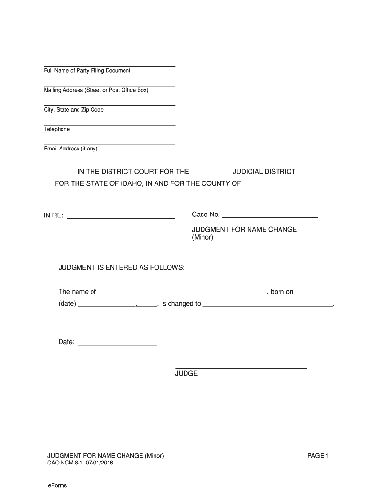 Idaho Judgment for Name Change Minor  Form