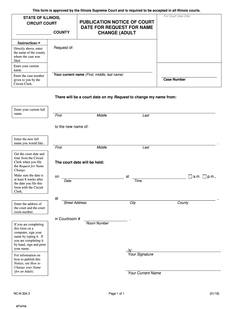 Illinois Publication Notice of Court Date for Request for Name Change Adult  Form