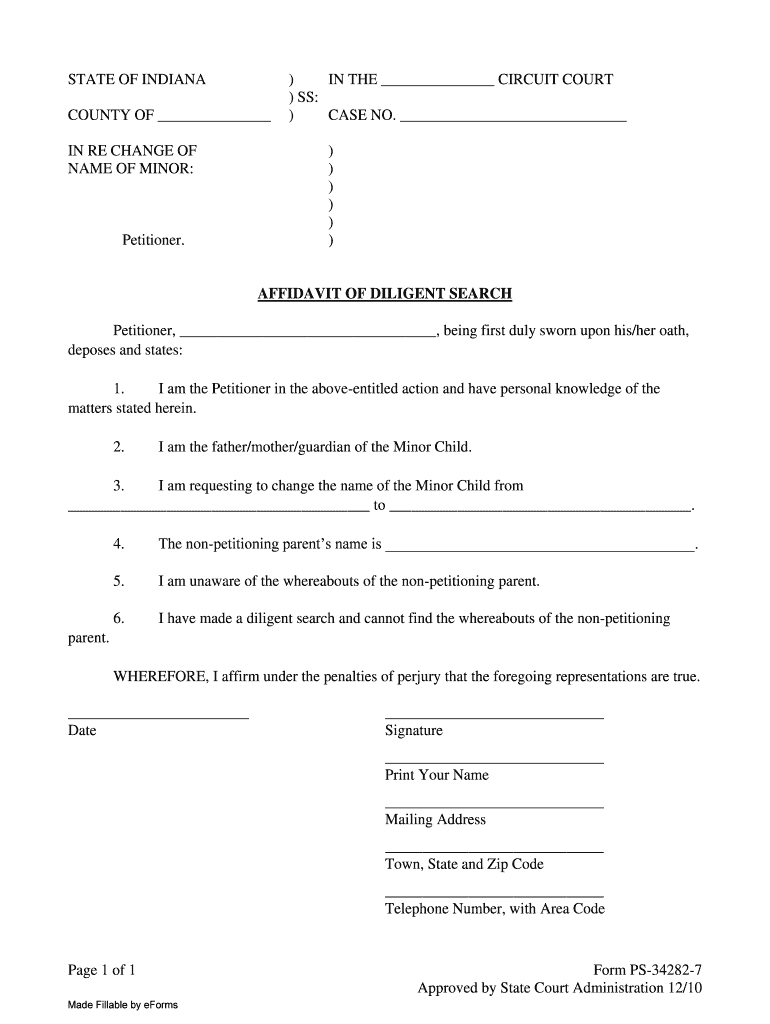 Indiana Affidavit of Diligent Search No Consent  Form